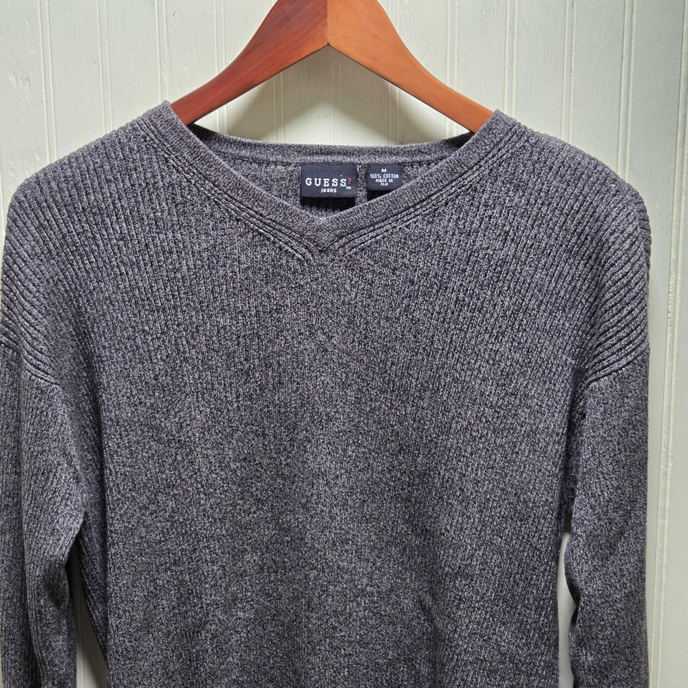 Guess Jeans Sweater Mens Medium Gray 100% Cotton V Neck Knit Pullover Casual